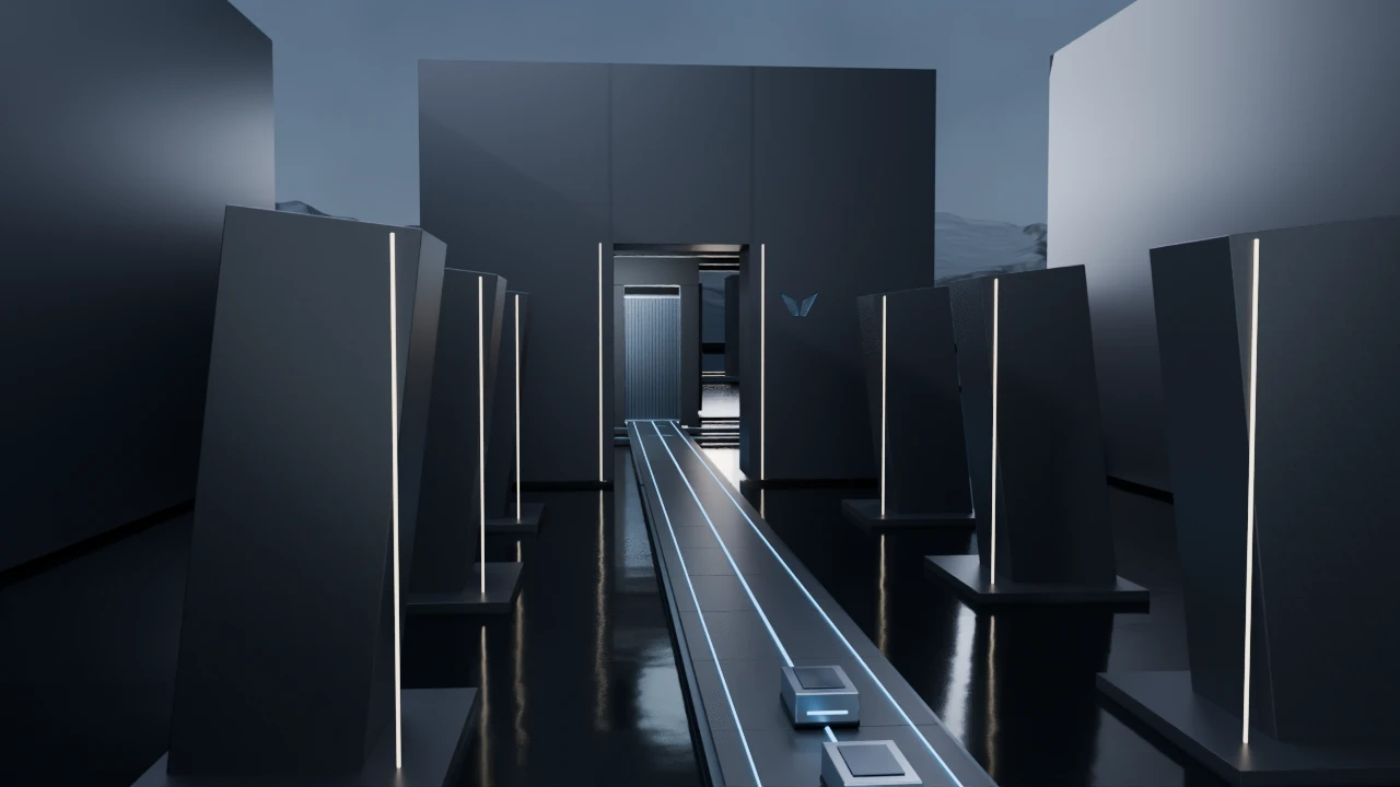 A route over dark water leads between basalt monoliths into the Vezryn facility.